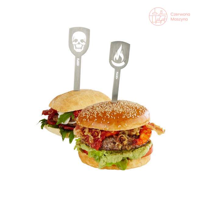 2 szpikulce do hamburgerów Gefu Torro, czaszka i płomień