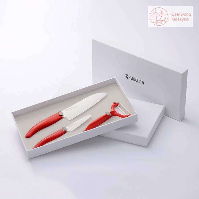 Zestaw: nóż santoku Kyocera, nóż do obierania i obieraczka poprzeczna, czerwone
