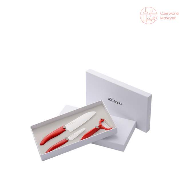 Zestaw : Nóż Santoku Kyocera i obieraczka, czerwone